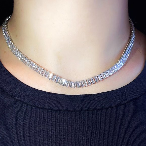 Diamond CZ Rectangle Baguette Tennis Necklace 113 - Picture 4 of 8